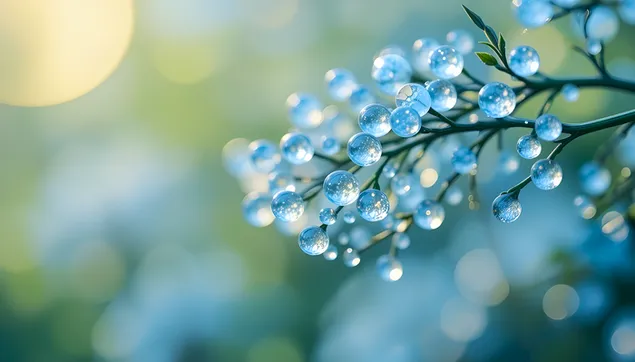 Јутарње капи росе на зеленој грани - Лепота природе 2K позадина