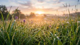 morning dewdrops glittering on grass at golden sunrise download
