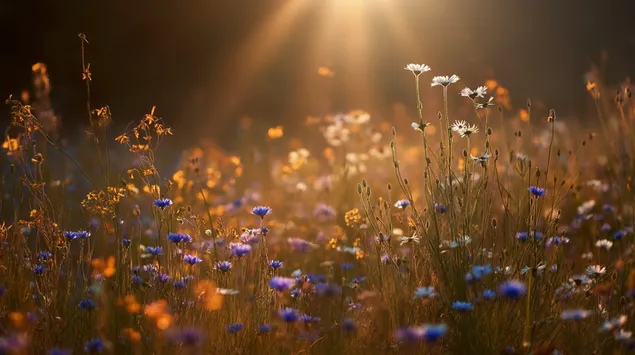 清晨的阳光照亮了野花草甸景观 2K 壁纸