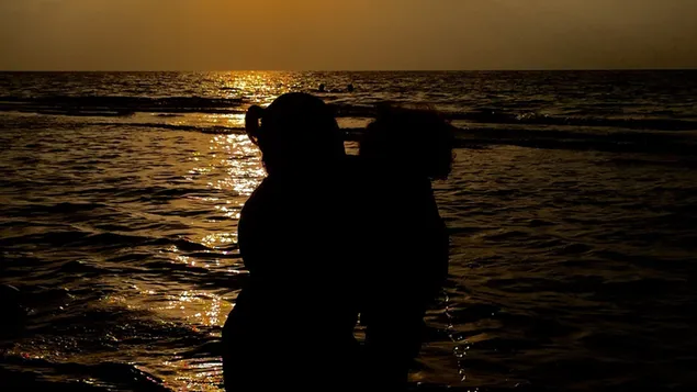 Mutter und Tochter Silhouette während des Sonnenuntergangs herunterladen