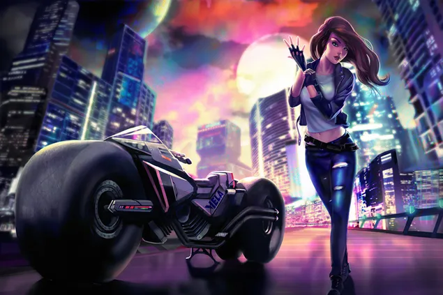 Motorcycle and anime beautiful girl on full moon download