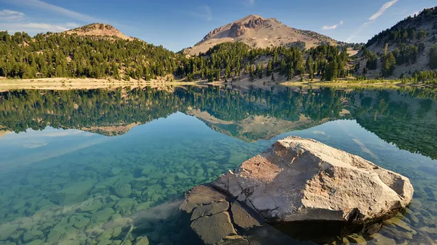 Blick auf die Berge und den Wald, der sich im See widerspiegelt 4K Hintergrundbild
