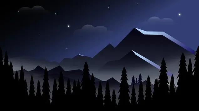 Kalnų ir medžių siluetai su vaizdu į naktinę žvaigždę atsisiųsti