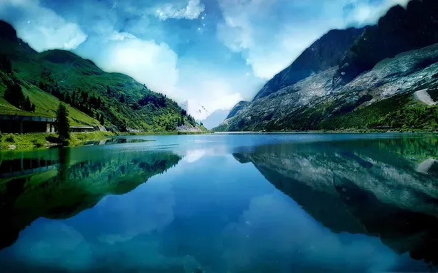 Picos de montaña y cielo nublado reflejados en el agua del lago descargar