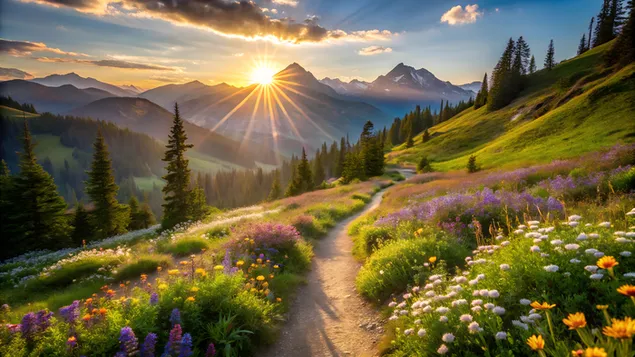 Mountain trail lined with wildflowers and sweeping views of a sunlit