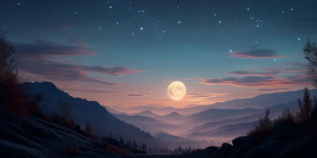 nocni pogled na planinsku dolinu sa svjetlima udaljenog grada i punim mjesecom preuzmi