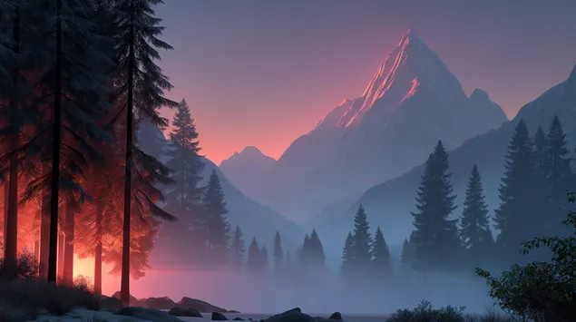 ภูมิประเทศภูเขายามรุ่งอรุณพร้อมหมอกและองค์ประกอบของป่า 2K วอลเปเปอร์