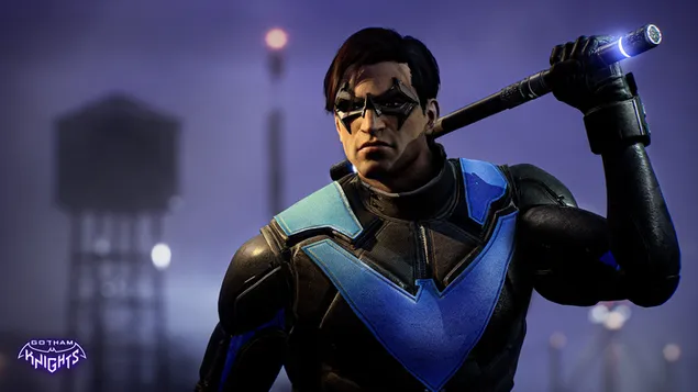 目が黒く塗られ、警棒を持っている青黒の衣装を着たゴッサム・ナイツのビデオゲームのキャラクター