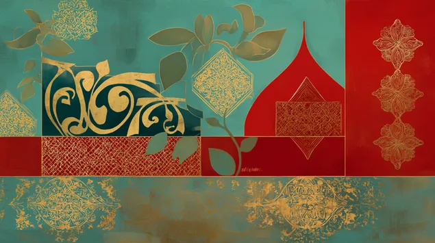 受莫卧儿启发的抽象几何和植物面板设计 2K 壁纸