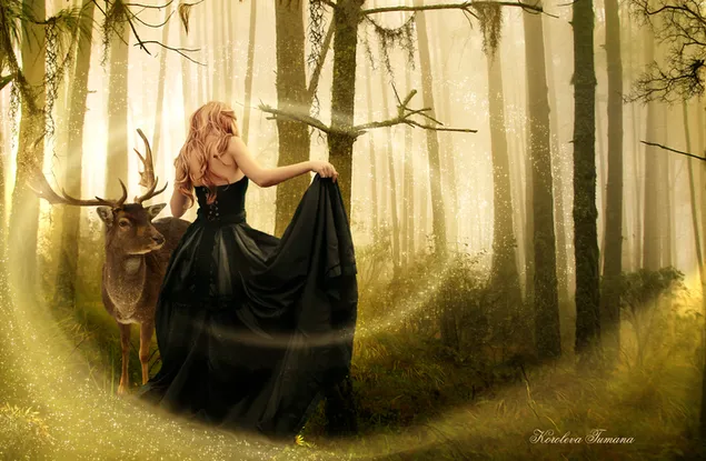 Mujer con un ciervo en el bosque mágico