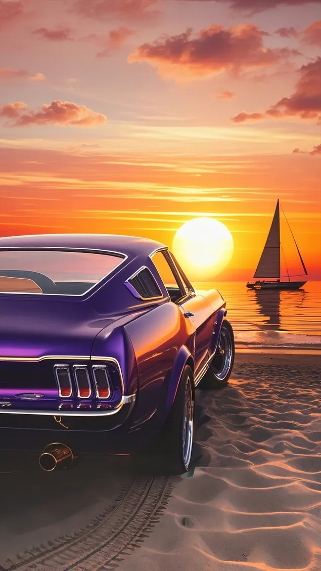 muscle-car bei sonnenuntergang am strand herunterladen