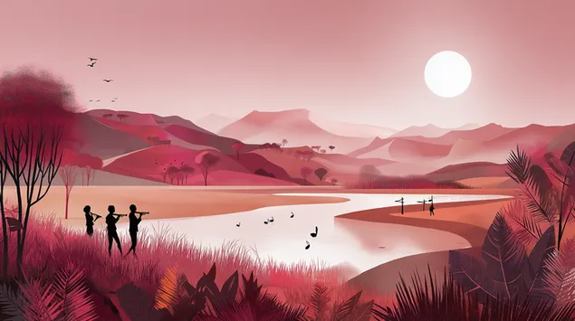 museker beim waasser an enger rosa-faarweger landschaft bei sonnenennergang eroflueden