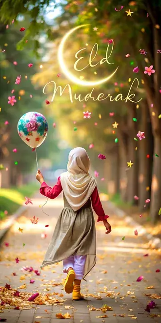Tapeta Muslimská dívka v hidžábu běží s balonem půlměsíce Eid Mubarak, obklopená svátečními lístky 2K