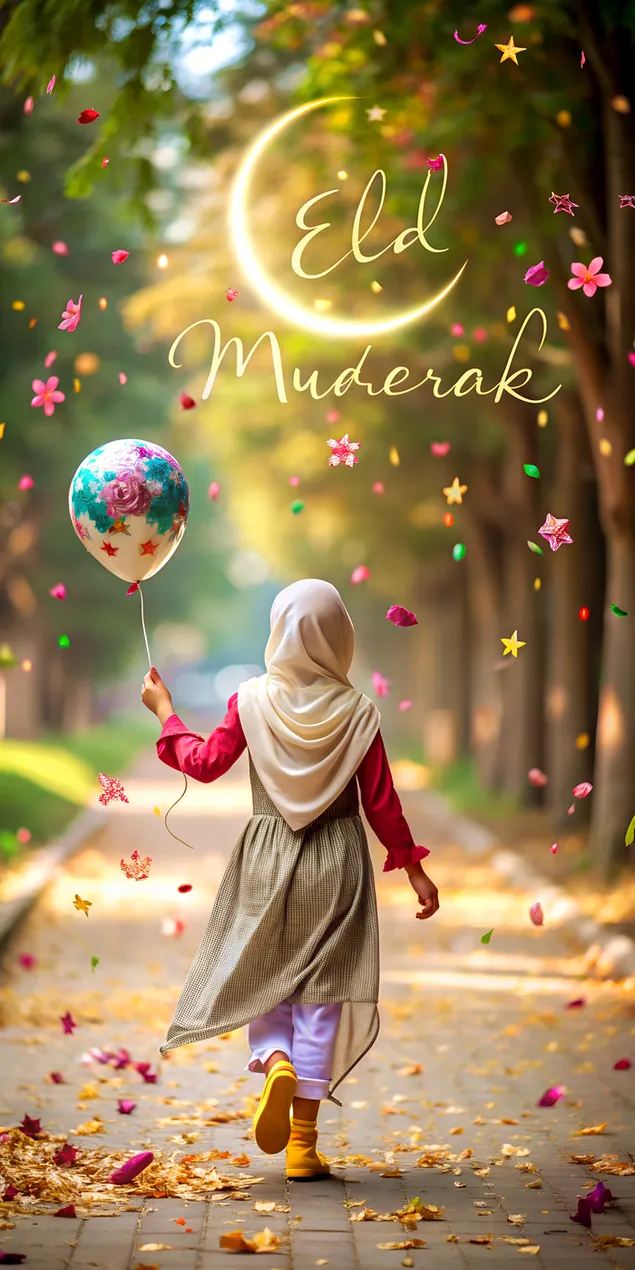 Noia musulmana amb hijab corrent amb globus creixent d'Eid Mubarak, envoltada de pètals festius 2K fons de pantalla