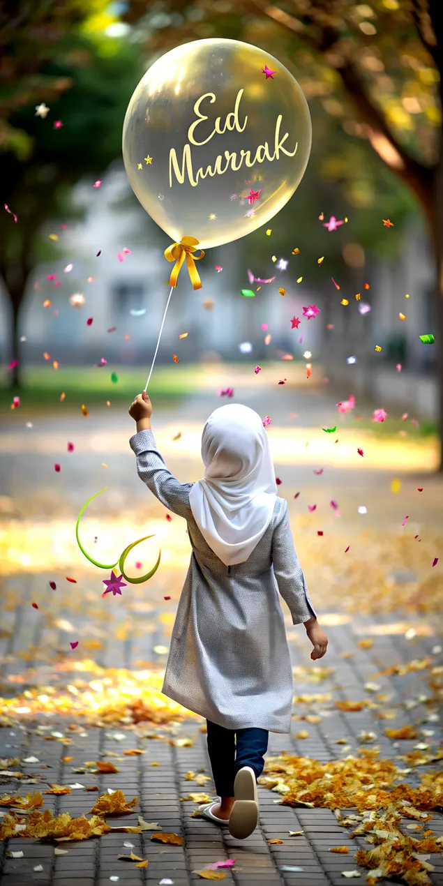 Noia musulmana amb hijab corrent amb globus creixent d'Eid Mubarak i pètals festius 2K fons de pantalla