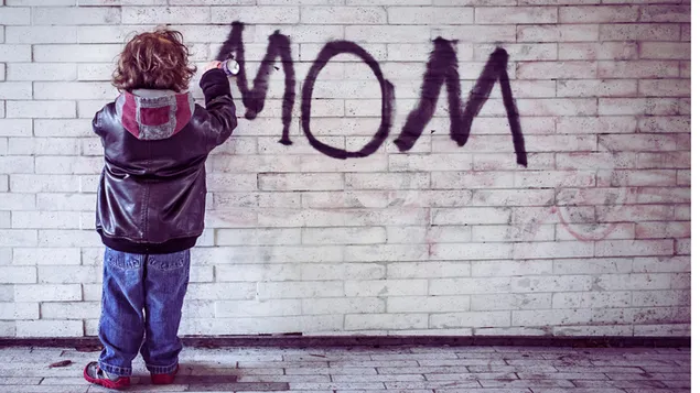 Muttertag - Junge Kind schreiben MOM Wandkunst herunterladen