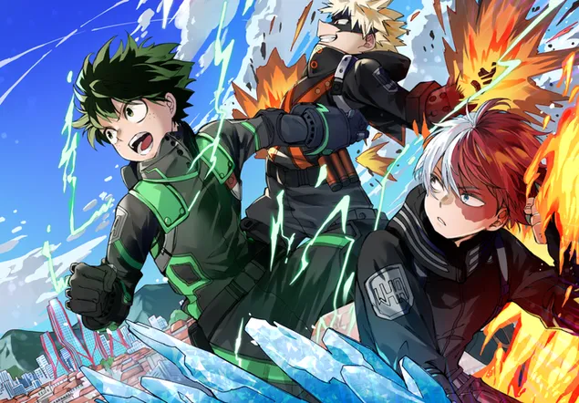 我的英雄学院 - izuku midoriya、katsuki bakugou和shoto todoroki 2K 壁纸