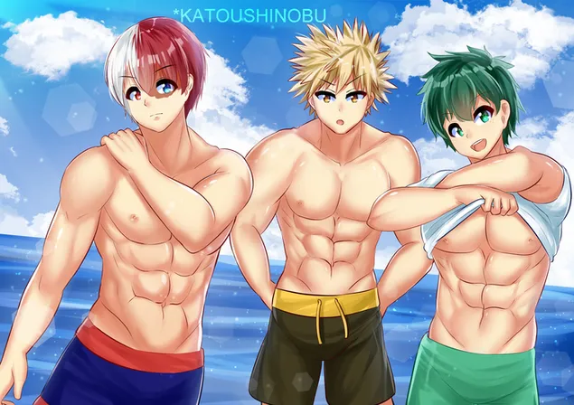 My Hero Academia - Shoto Todoroki,Katsuki Bakugo e Izuku Midoriya na praia HD papel de parede