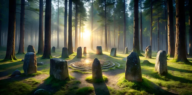 Mysteriöser alter Steinkreis mit leuchtenden Runen, umgeben von einem dunklen Wald 4K Hintergrundbild