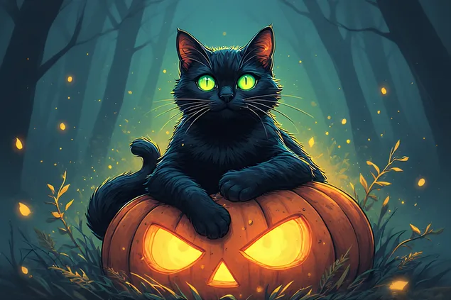 Таинственный черный кот со светящимися зелеными глазами, сидящий на сияющей тыкве, волшебная иллюстрация в стиле Хэллоуина 2K обои
