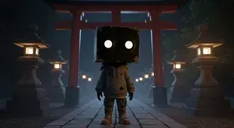 Tapeta Tajemná postava s krabicovou hlavou na osvětlené cestě u japonského chrámu pro pozadí plochy 4K