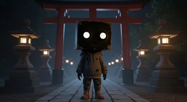 figura misteriosa amb cap de caixa en un cami de temple japones il*luminat per a fons d'escriptori baixada