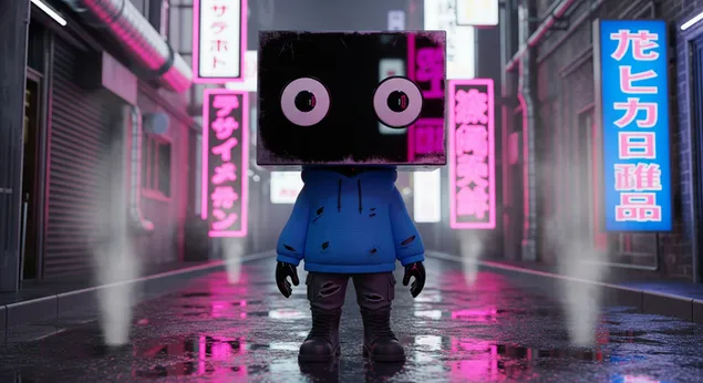 דמות קובייה מסתורית בסמטת ניאון כרקע לשולחן העבודה 4K טפט