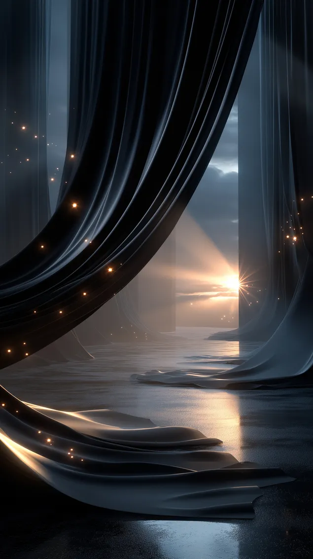 Hình nền Bức màn bí ẩn mở ra ánh sáng vàng và bụi lấp lánh HD