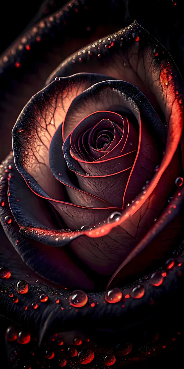 mawar merah tua misterius dengan tetesan embun menangkap cahaya berapi-api unduhan