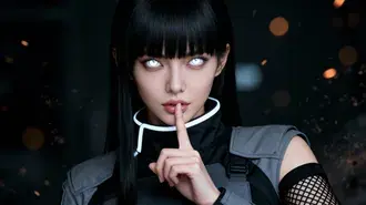 어둠 속의 전술 장면에서 빛나는 눈과 쉿 제스처를 하는 신비한 여성 요원 4K 배경화면