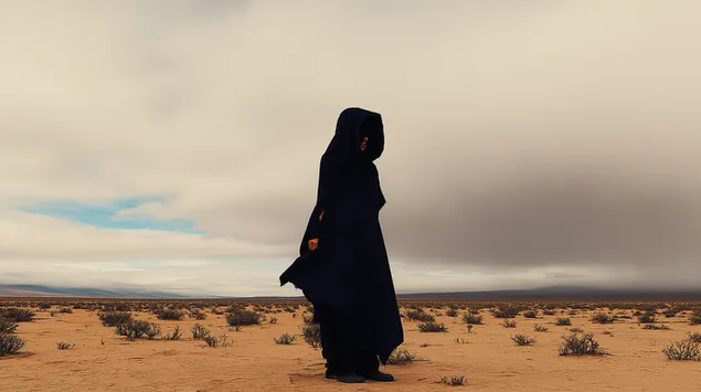 Mystisk figur i en ørken med en dramatisk himmel 2K baggrundsbillede