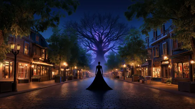 Tapeta Tajomná postava na Začarovanej ulici so žiariacim stromom 2K