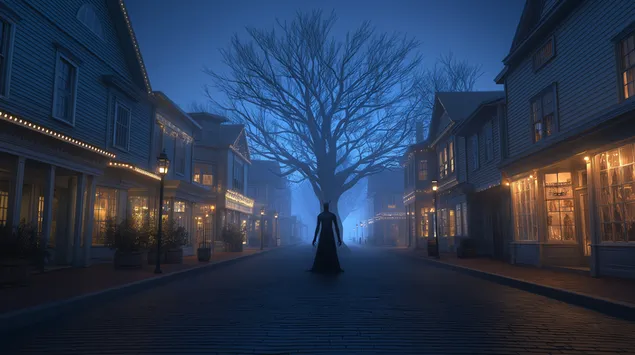 Figura misteriosa bajo un árbol desnudo en una calle con niebla 2K fondo de pantalla