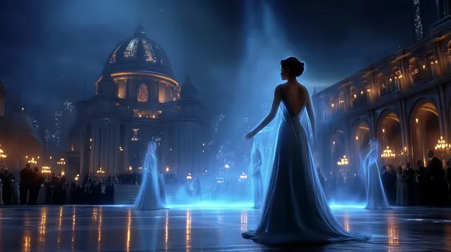 zahadne postavy ve velkem sale s atmosferickou zari stahnout