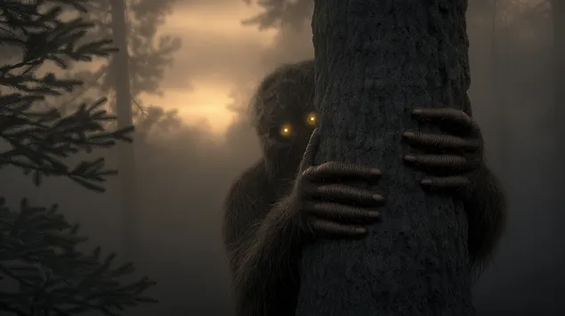 สิ่งมีชีวิตลึกลับในป่าที่มีดวงตาเรืองแสงซ่อนอยู่หลังต้นไม้ 2K วอลเปเปอร์