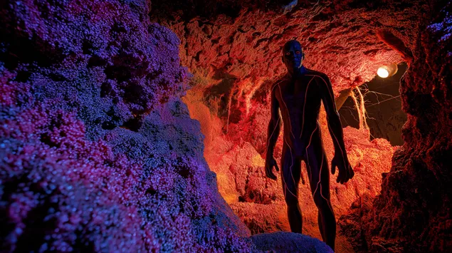 发光洞穴中的神秘人形外星人 2K 壁纸