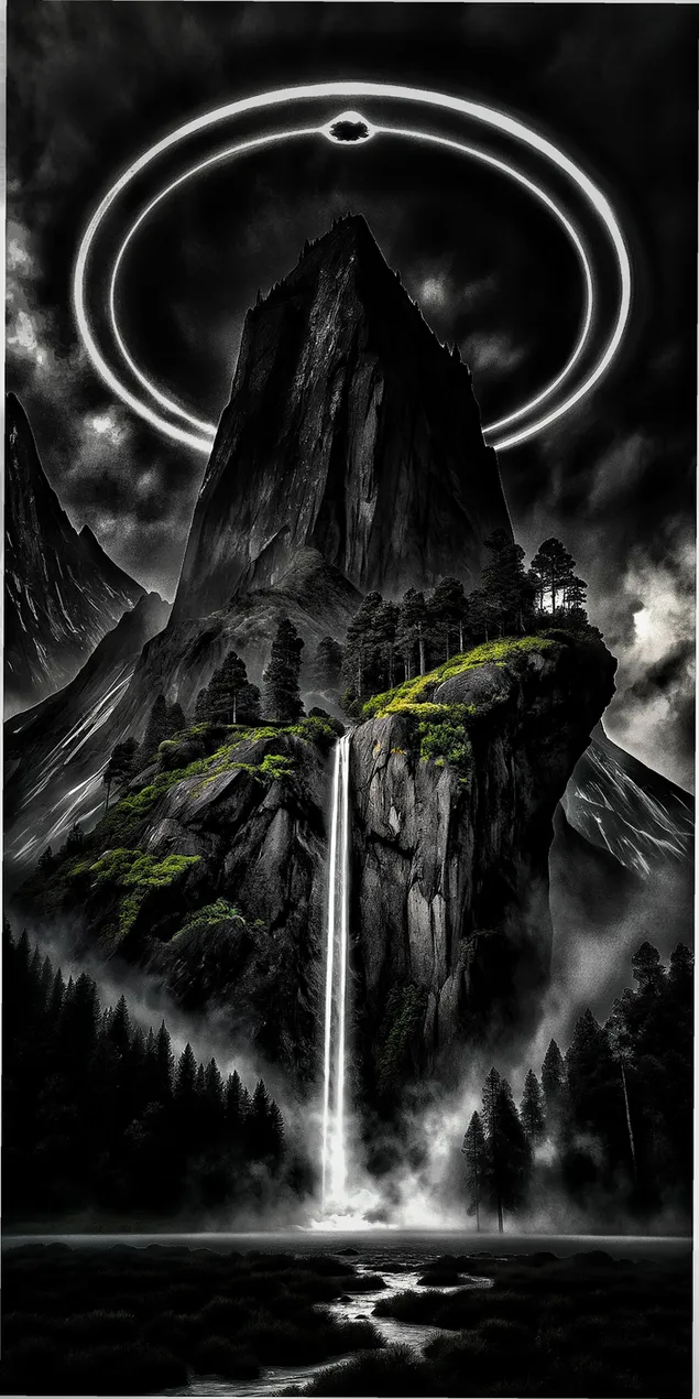 Mysterieuze bergtop met waterval en etherische halo erboven 2K achtergrond