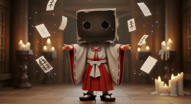 Tapeta Tajomný Omjoji s krabicovou hlavou a duchovnými kúzlami pre pozadie pracovnej plochy 4K