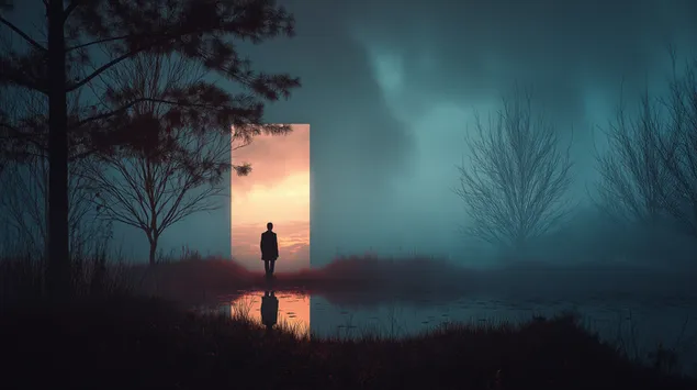 雾林中神秘的入口倒映在平静的水面上 2K 壁纸