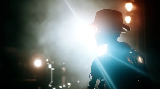 רובוט מסתורי במעיל טרנץ' עם תאורה אחורית בולטת 2K טפט