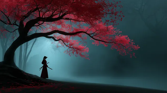 Figurë misterioze samurai nën pemën e lashtë të lulëzimit 2K sfond