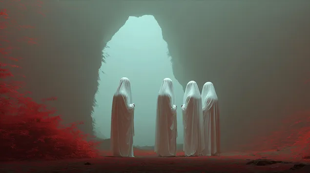 mystiske hvitkledde figurer ved inngangen til grotteportalen nedlasting