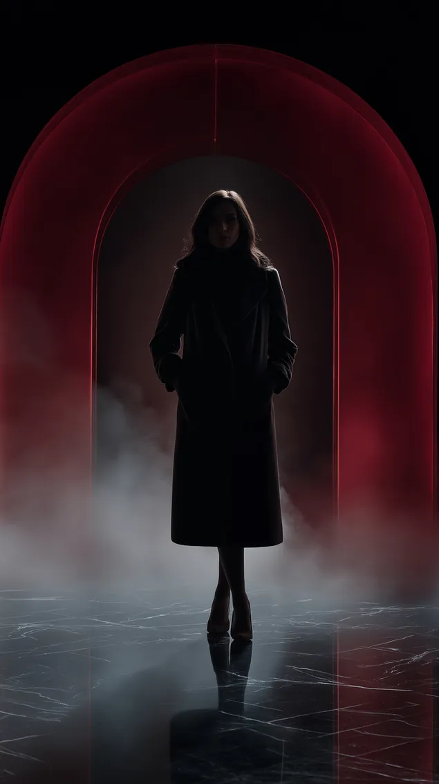 silueta misterioze e nje gruaje me pallto te gjate qe qendron kunder nje harku te ndezur shkarkim