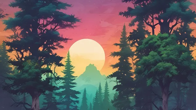 misticni izlazak sunca u borovoj sumi. preuzmi