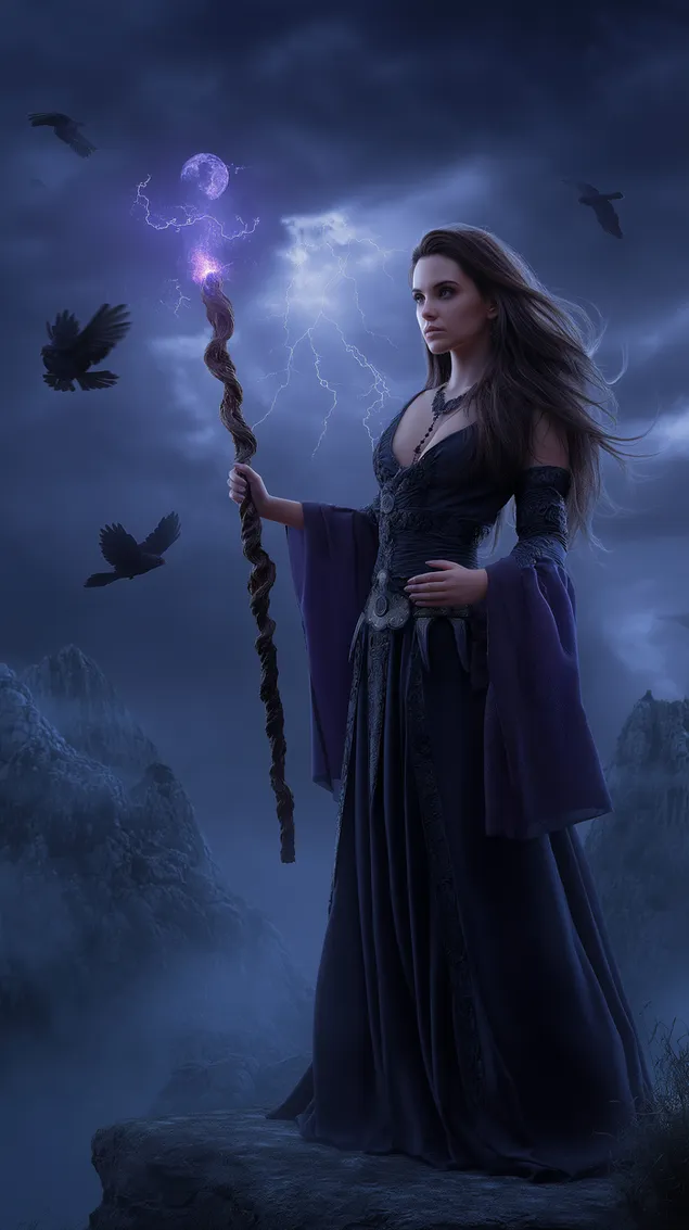 Taustpilt Müstiline nõid mäel: hoiab keppi tormise taeva all HD