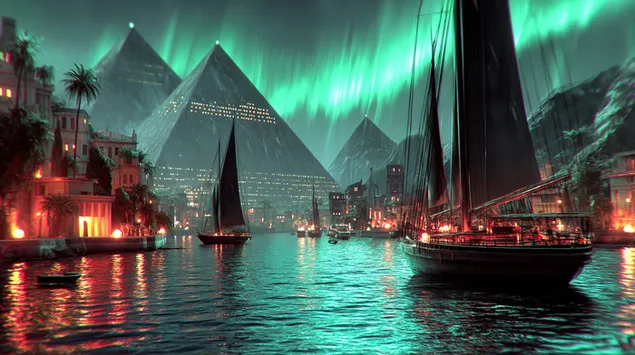 bahia mistica con estructuras luminosas y aurora boreal descargar