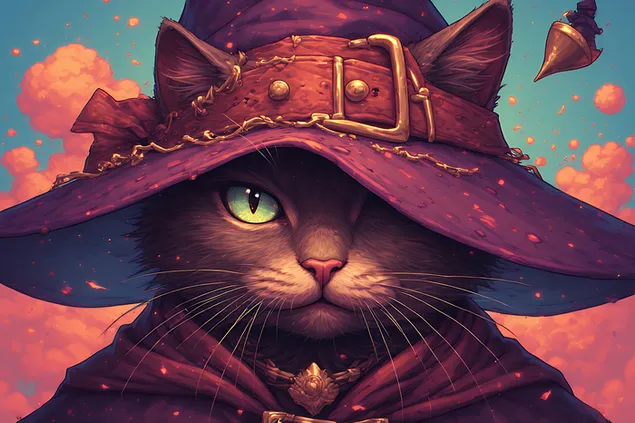 Мистическая черная кошка-ведьма в остроконечной шляпе, колдующая светящиеся заклинания, очаровательный стиль иллюстрации на Хэллоуин 2K обои