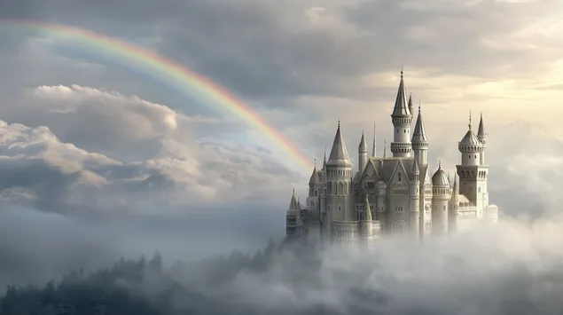 Mystisk slott på en skogsklädd topp ovanför molnen 2K bakgrund