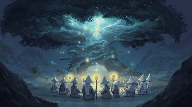 התכנסות מועצה מיסטית תחת עץ זוהר עתיק 2K טפט