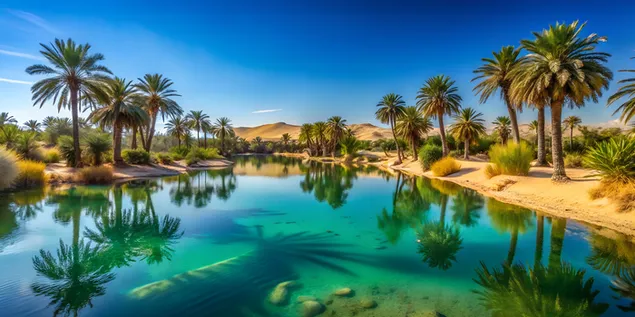 Мистичен пустинен оазис с тюркоазено езерце и тучни палми под безоблачно синьо небе 4K тапет